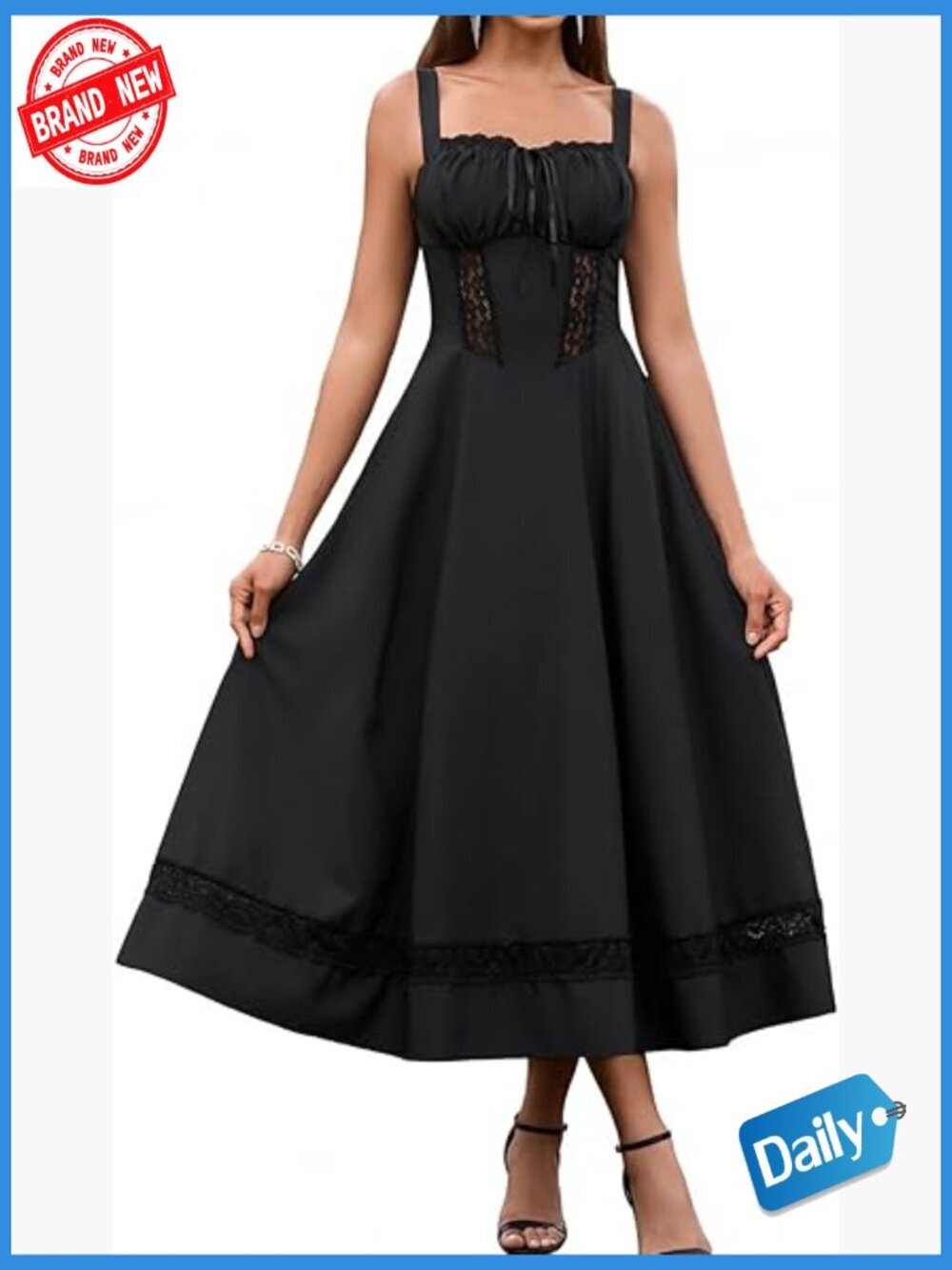 Corset Midi Wedding Guest Dress Square Neck Lace A-Line Smocked Back